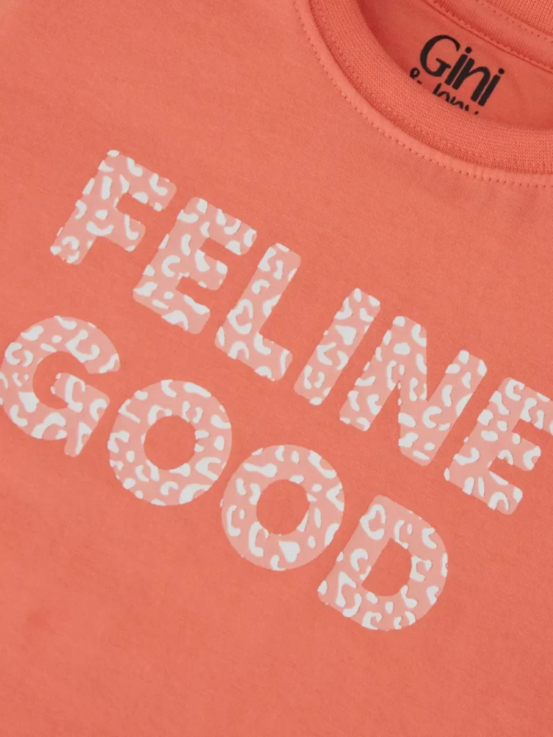 Gini And Jony Girls Orange Typographic Print Cotton Knits Top Half Sleeves 9-10 Years