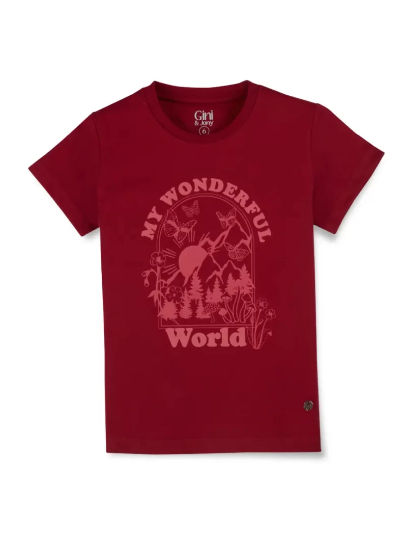 Gini And Jony Girls Maroon Typographic Print Cotton Knits Top Half Sleeves 9-10 Years