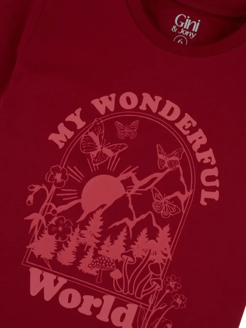 Gini And Jony Girls Maroon Typographic Print Cotton Knits Top Half Sleeves 9-10 Years