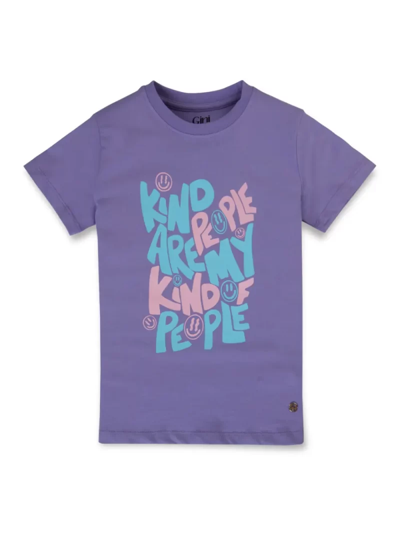 Gini And Jony Girls Purple Typographic Print Cotton Knits Top Half Sleeves 13-14 Years