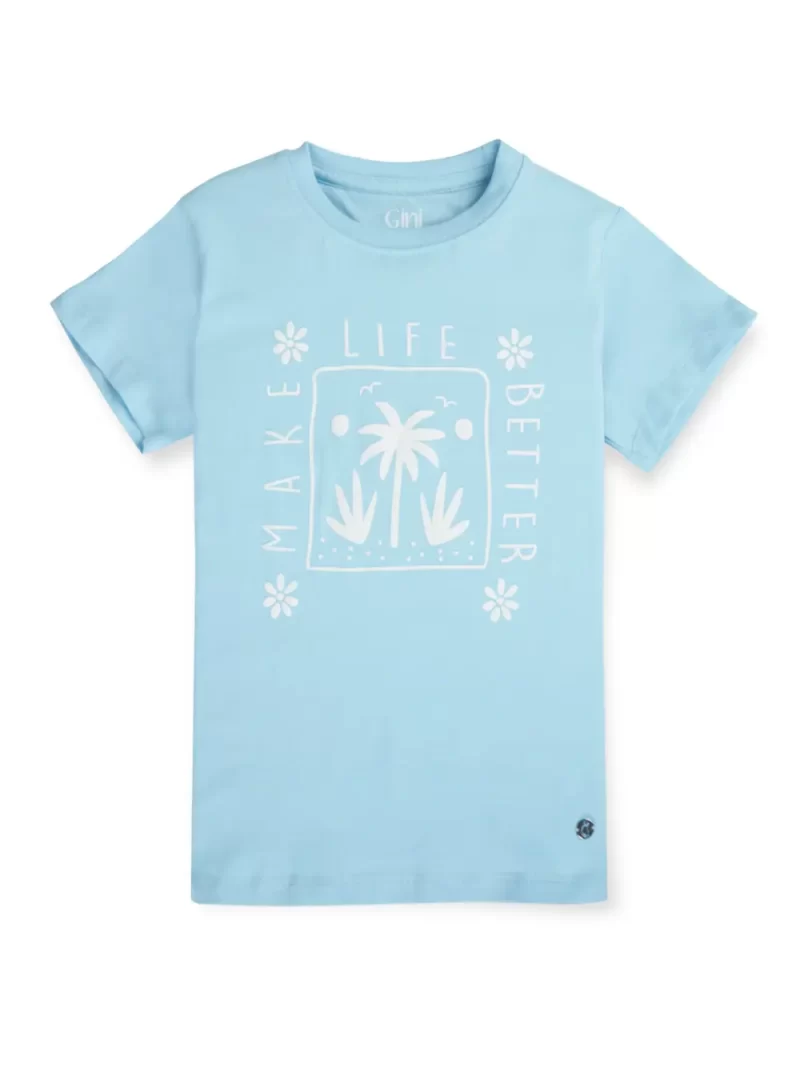 Gini And Jony Girls Blue Graphic Print Cotton Knits Top Half Sleeves 9-10 Years