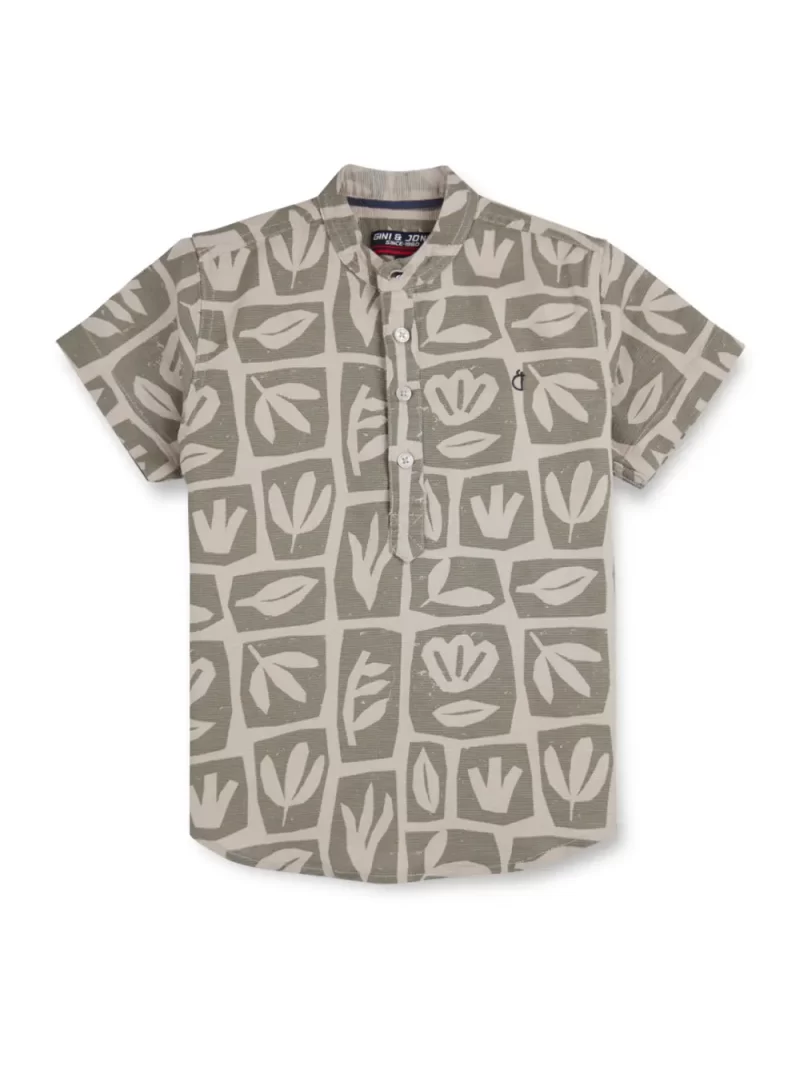 Gini And Jony Boys Grey Tropical Print Cotton Shirt Half Sleeves