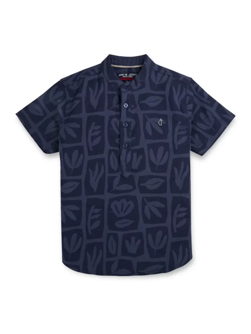 Gini And Jony Boys Blue Tropical Print Cotton Shirt Half Sleeves