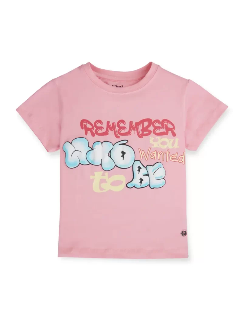 Gini And Jony Girls Pink Typographic Print Cotton Knits Top Half Sleeves 9-10 Years