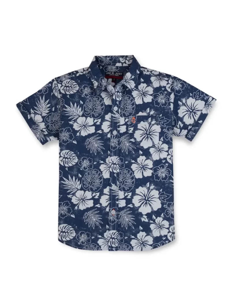 Gini And Jony Boys Navy Floral Print Cotton Shirt Half Sleeves