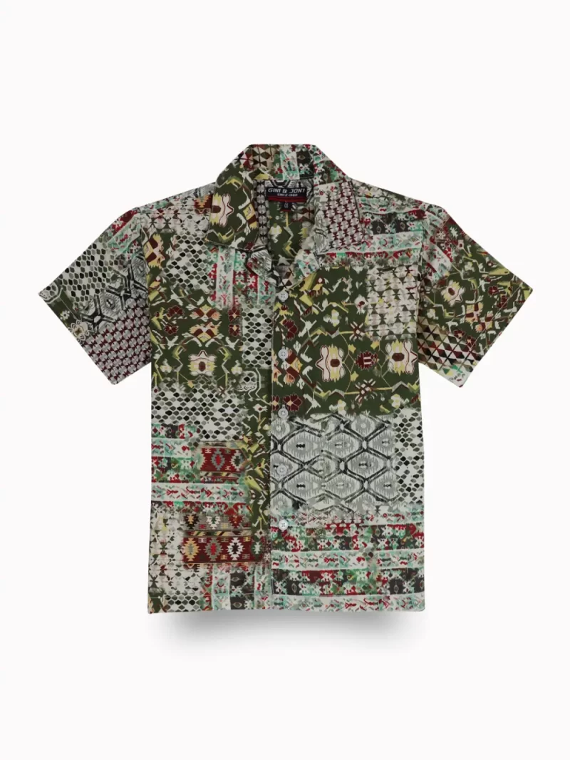 Gini And Jony Boys Olive Tribal Print Cotton Shirt Half Sleeves
