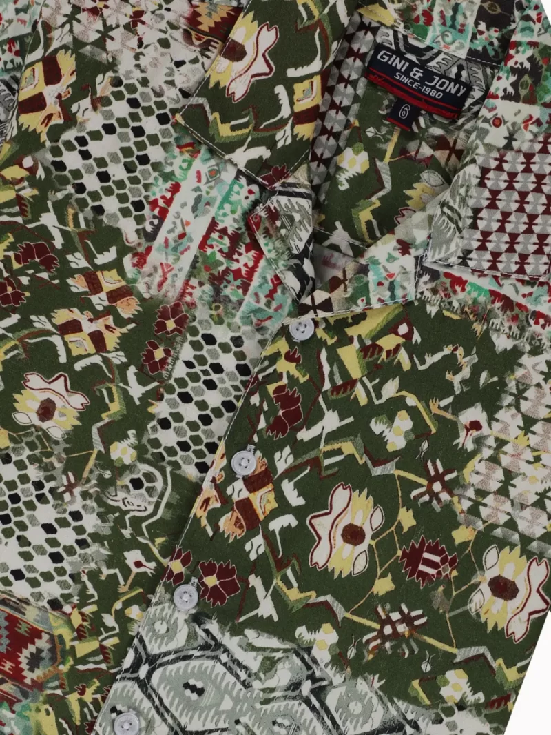 Gini And Jony Boys Olive Tribal Print Cotton Shirt Half Sleeves