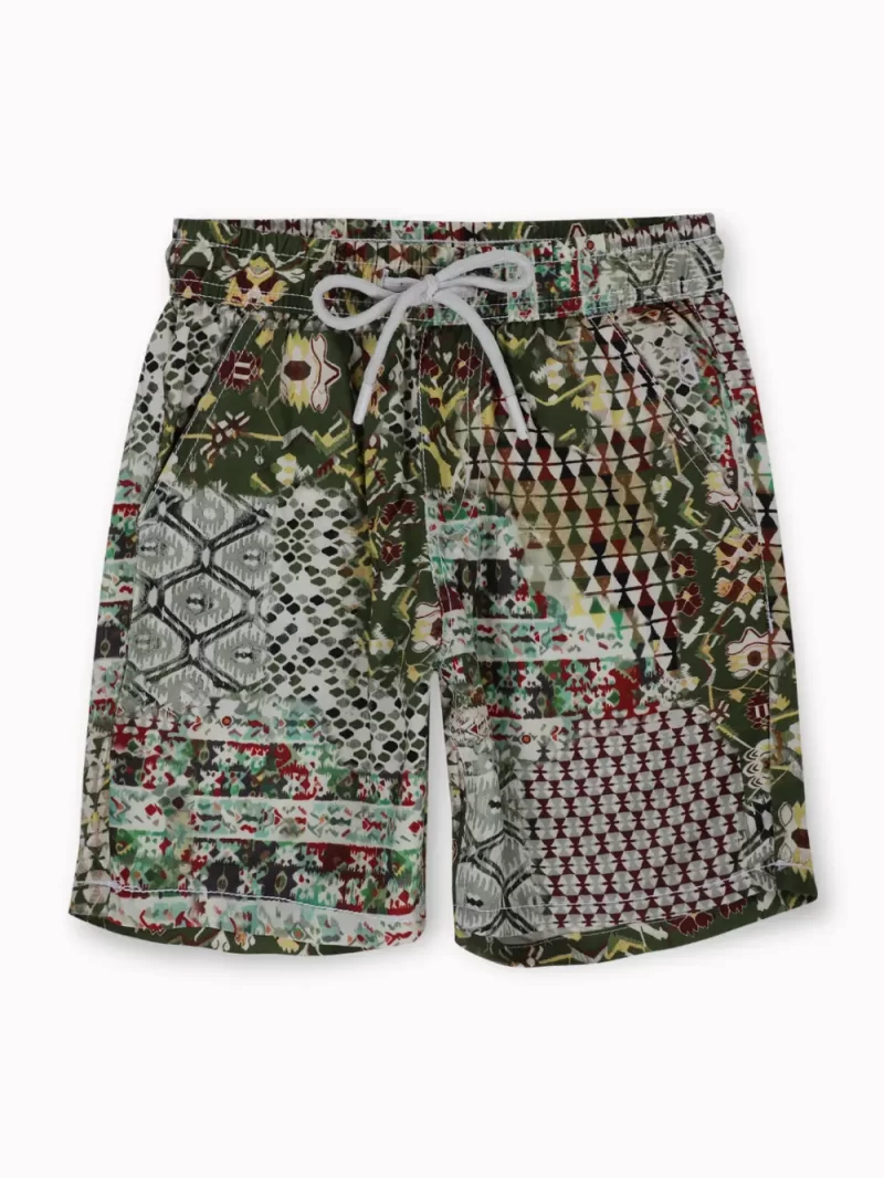 Gini And Jony Boys Olive Tribal Print Cotton Bermuda Elasticated