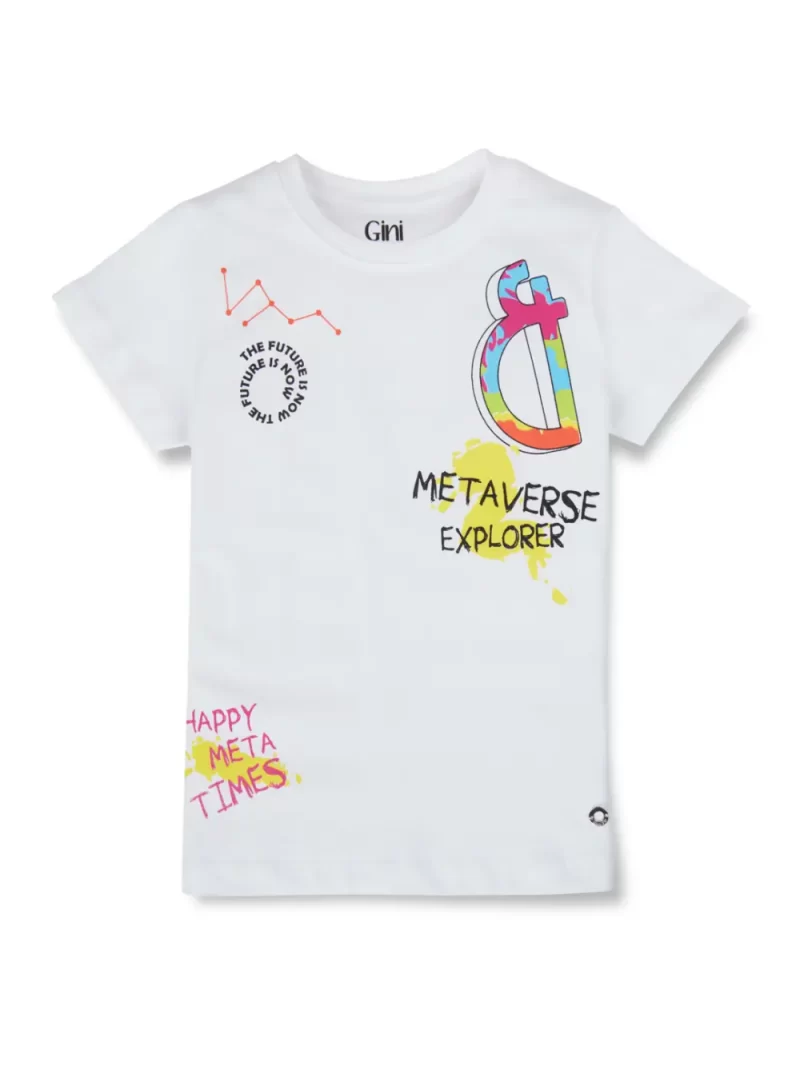 Gini And Jony Girls White Typographic Print Cotton Knits Top Half Sleeves 9-10 Years