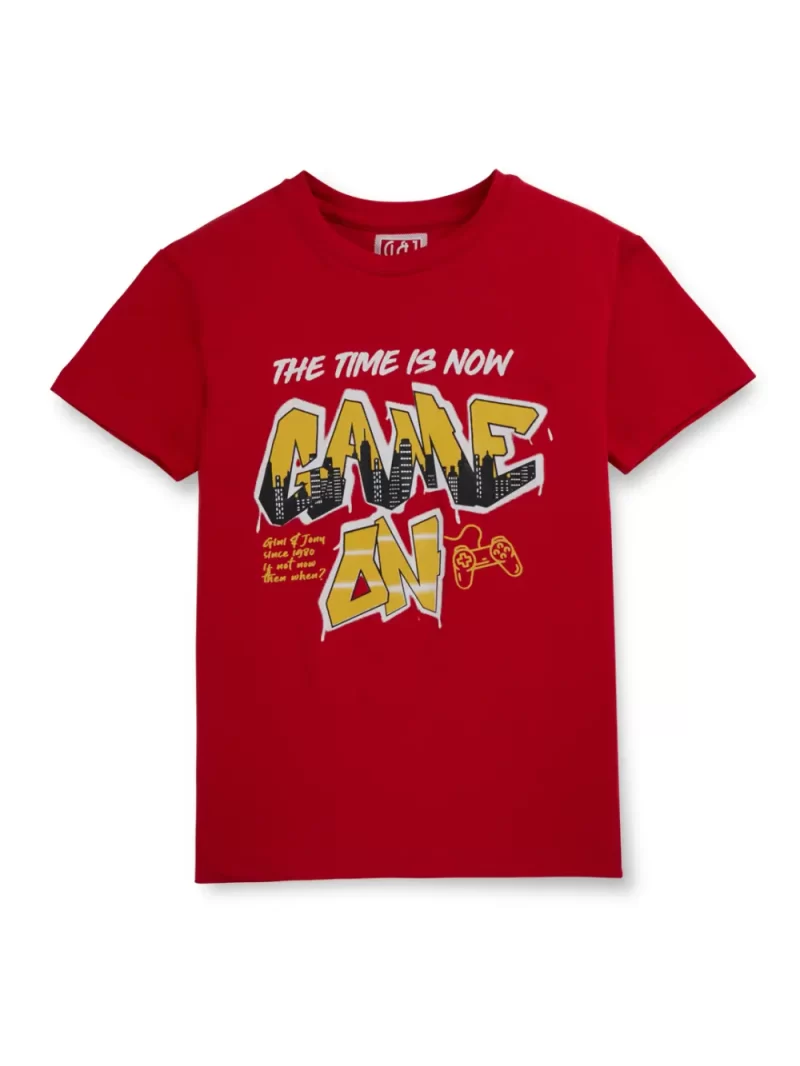 Gini And Jony Boys Red Graphic Print Cotton Lycra T-Shirt Half Sleeves