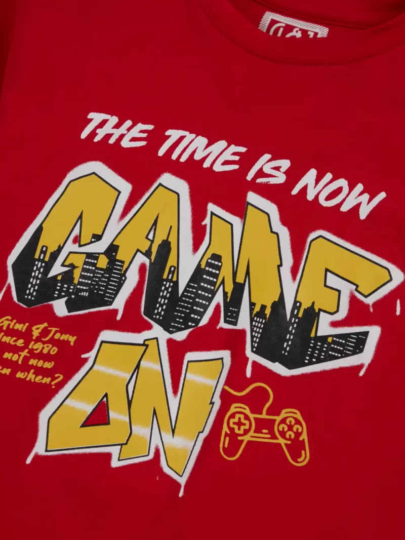 Gini And Jony Boys Red Graphic Print Cotton Lycra T-Shirt Half Sleeves