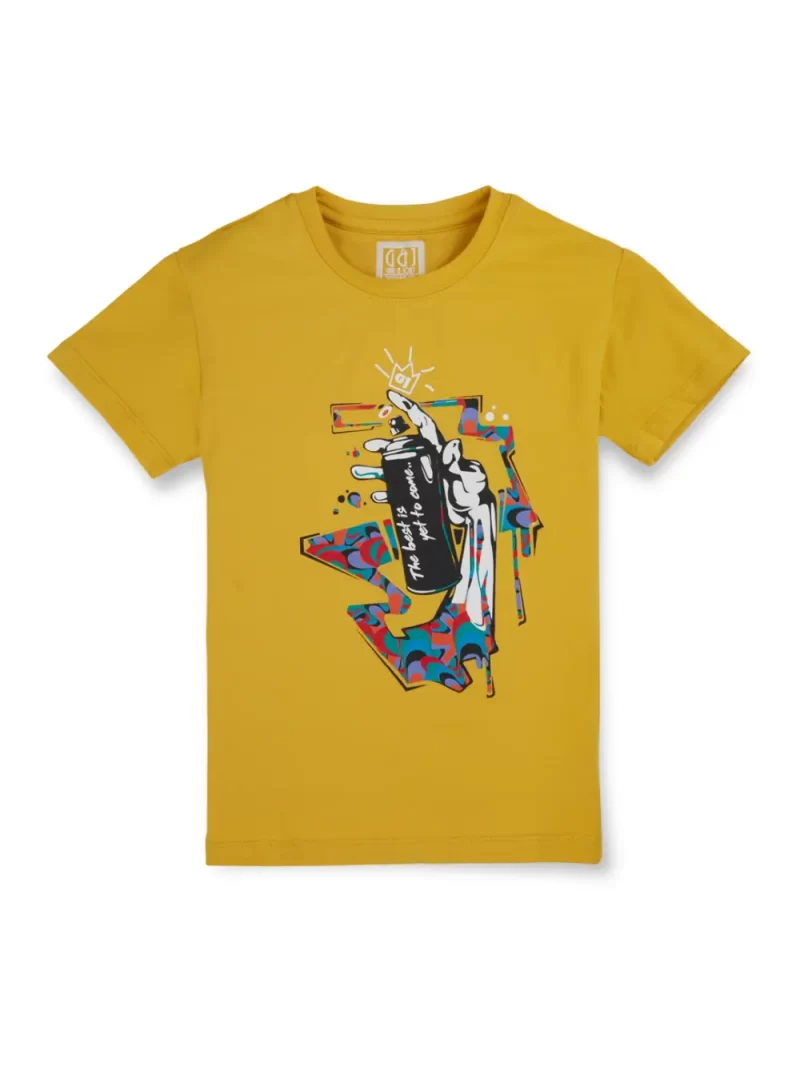 Gini And Jony Boys Yellow Graphic Print Cotton Lycra T-Shirt Half Sleeves