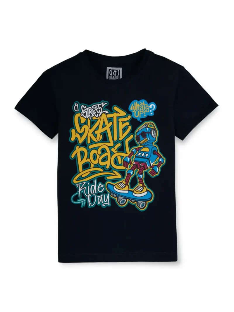 Gini And Jony Boys Navy Blue Graphic Print Cotton Lycra T-Shirt Half Sleeves
