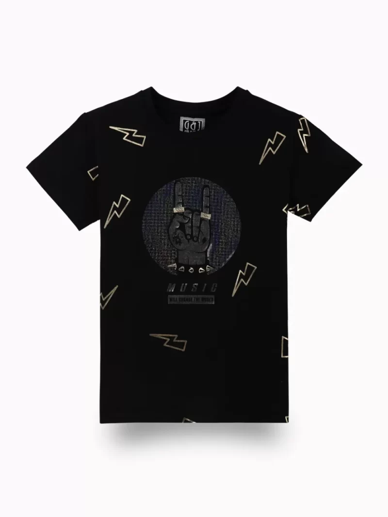 Gini And Jony Boys Black Graphic Print Cotton T-Shirt Half Sleeves