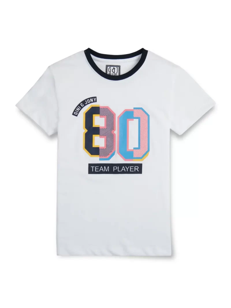 Gini And Jony Boys White Typographic Print Cotton T-Shirt Half Sleeves