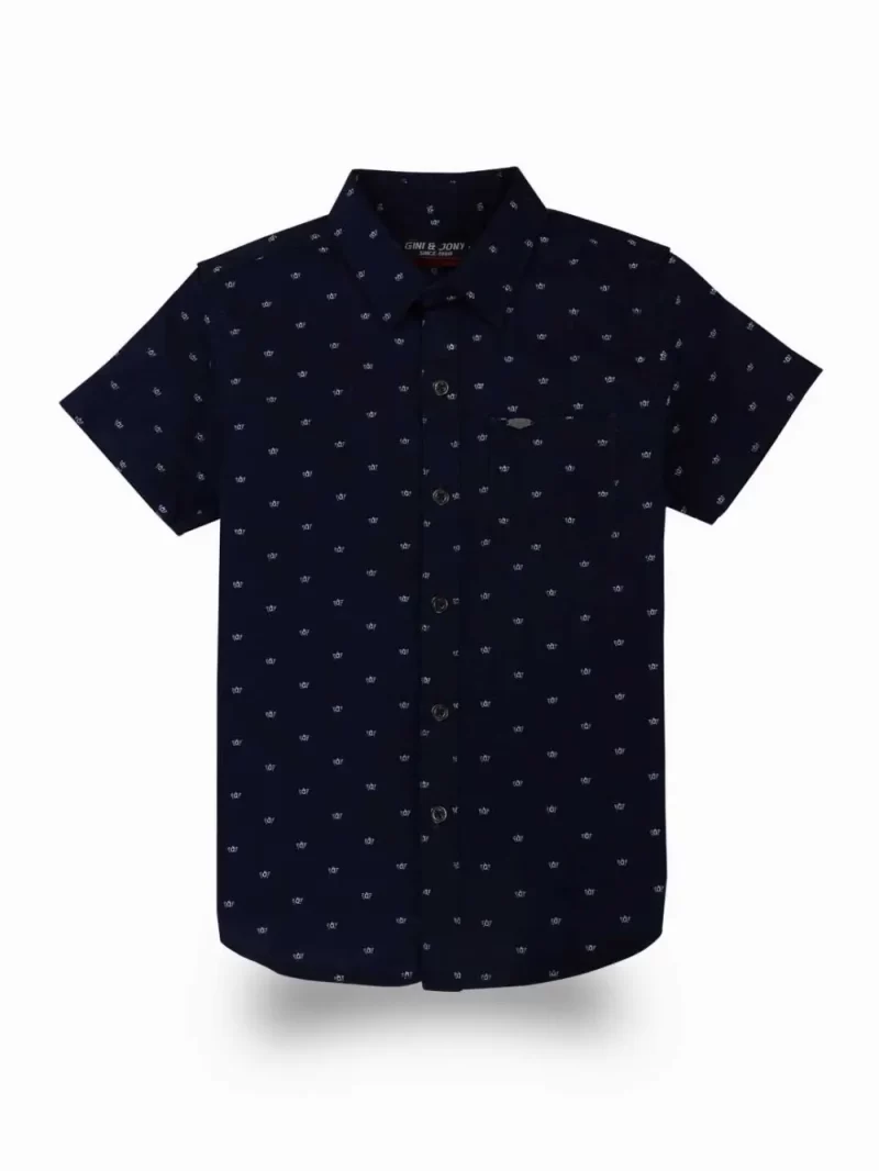 Gini And Jony Boys Navy Blue Micro Print Cotton Shirt Half Sleeves