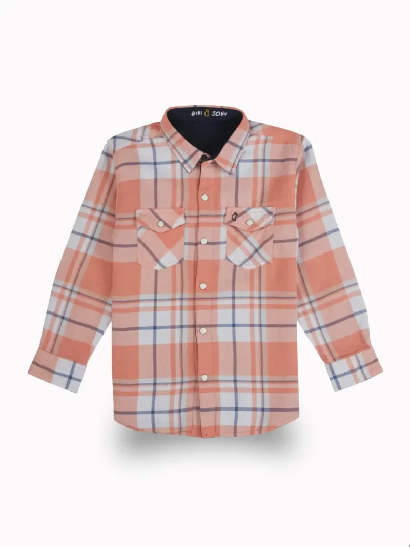 Gini And Jony Boys Peach Checks Cotton Shirt Full Sleeves