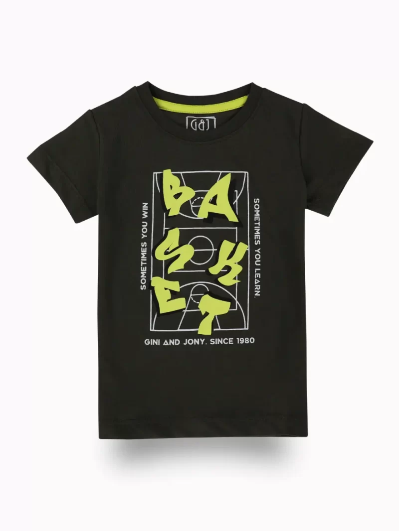 Gini And Jony Boys Olive Graphic Print Cotton T-Shirt Half Sleeves