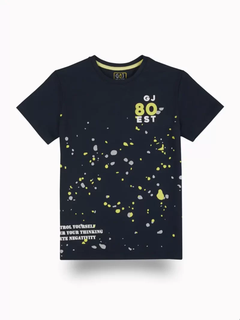 Gini And Jony Boys Navy Blue Splatter Print Cotton T-Shirt Half Sleeves