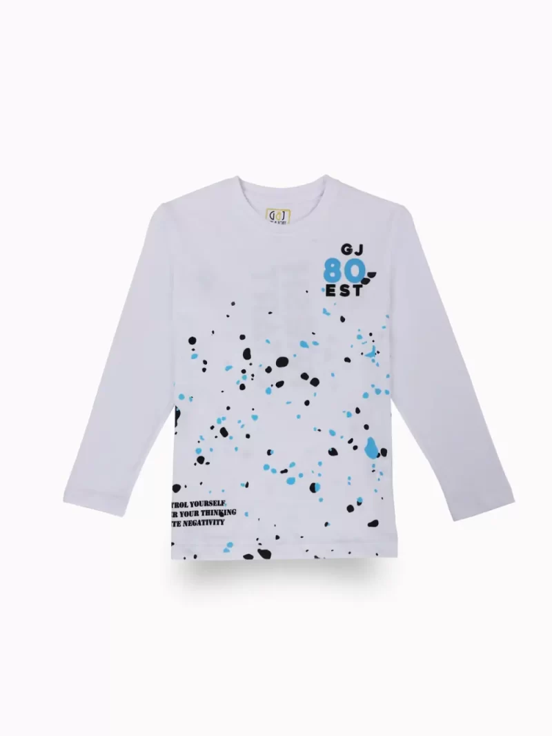 Gini And Jony Boys White Splatter Print Cotton T-Shirt Full Sleeves