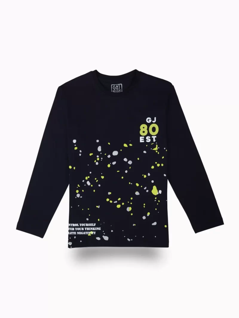 Gini And Jony Boys Navy Blue Splatter Print Cotton T-Shirt Full Sleeves