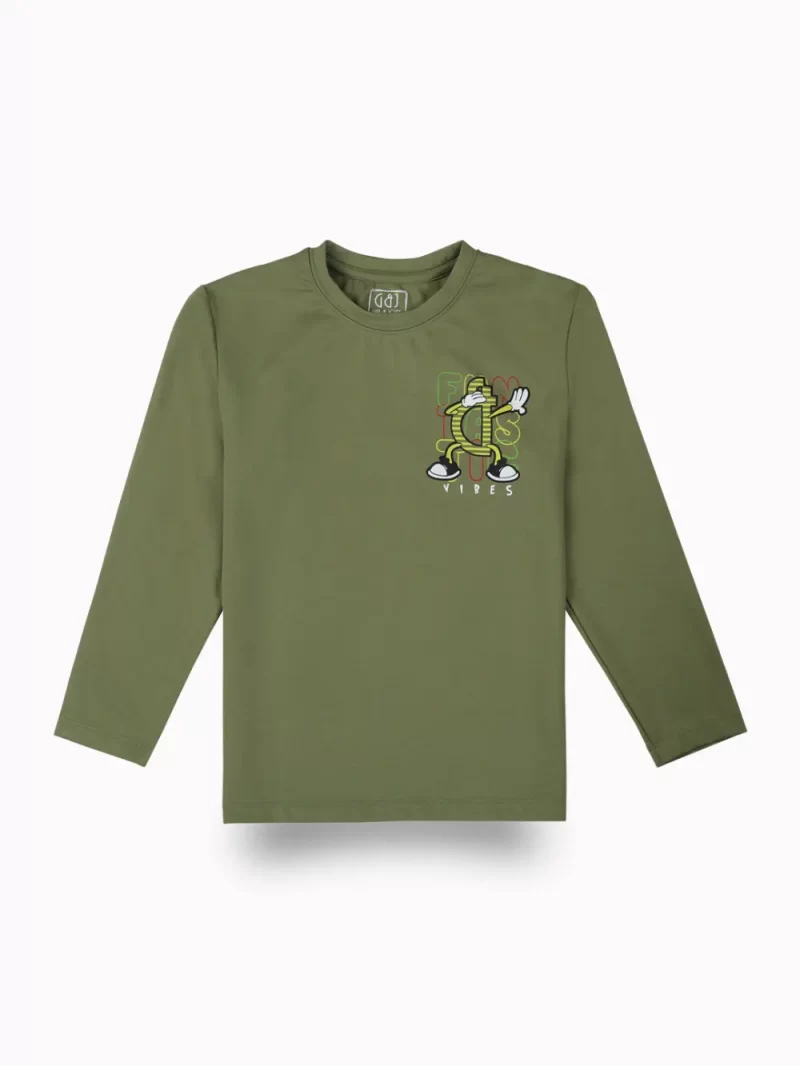 Gini And Jony Boys Olive Typographic Print Cotton T-Shirt Full Sleeves