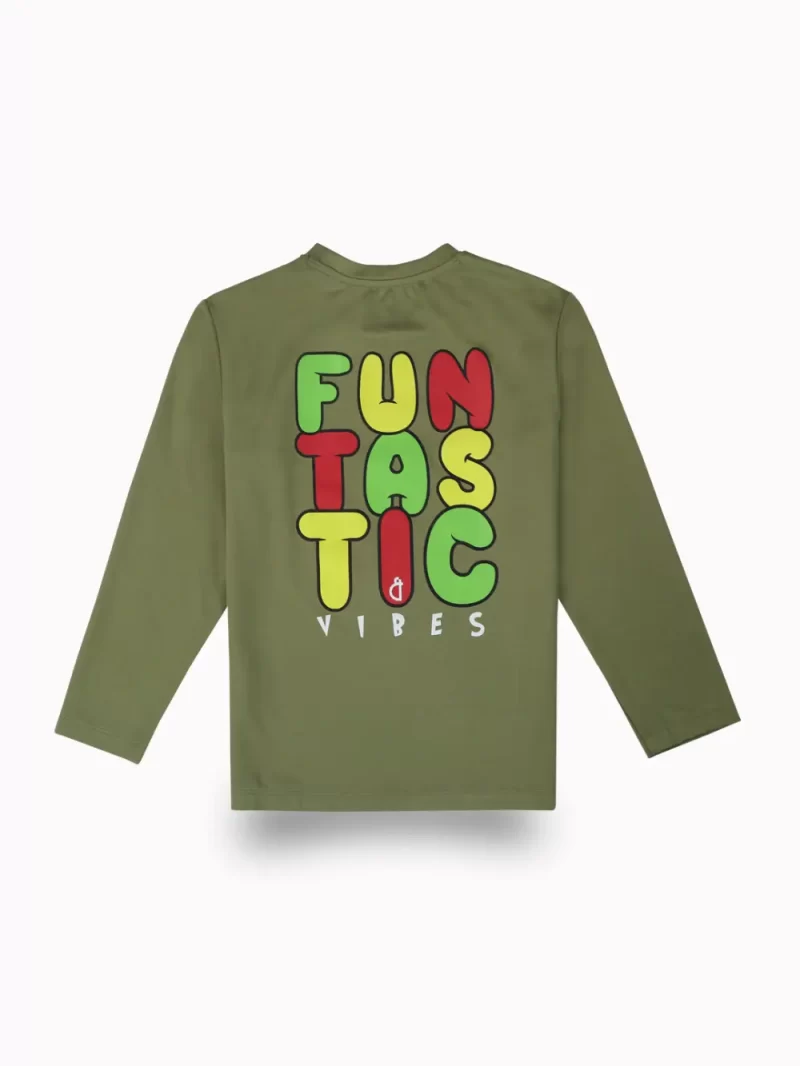 Gini And Jony Boys Olive Typographic Print Cotton T-Shirt Full Sleeves