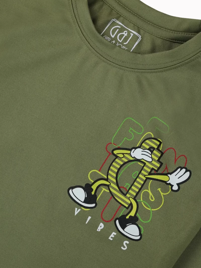 Gini And Jony Boys Olive Typographic Print Cotton T-Shirt Full Sleeves