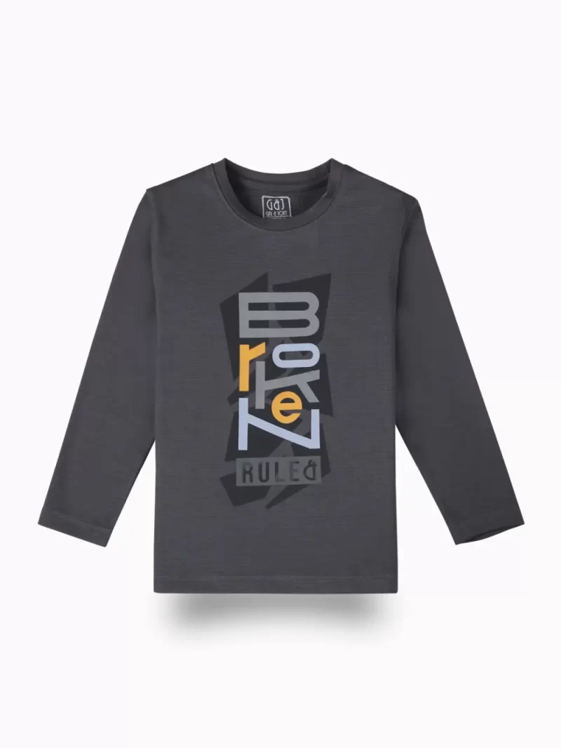 Gini And Jony Boys Grey Typographic Print Cotton T-Shirt Full Sleeves