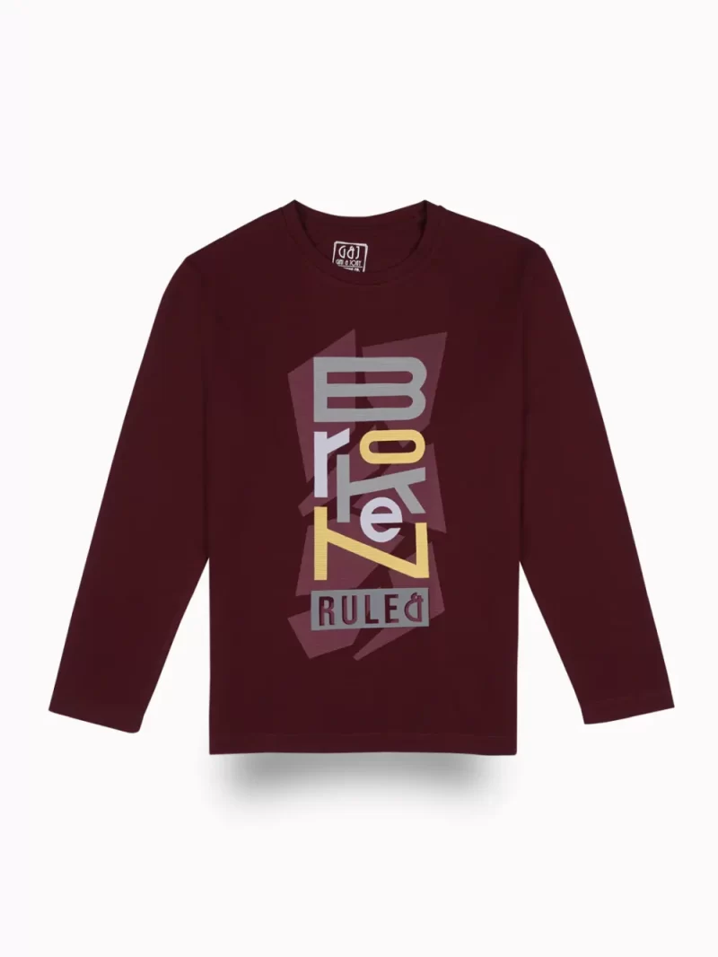 Gini And Jony Boys Maroon Typographic Print Cotton T-Shirt Full Sleeves