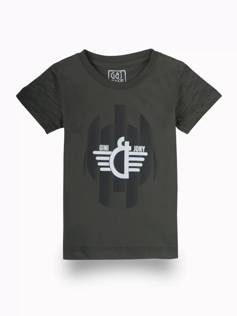 Gini And Jony Boys Olive Graphic Print Cotton T-Shirt Half Sleeves