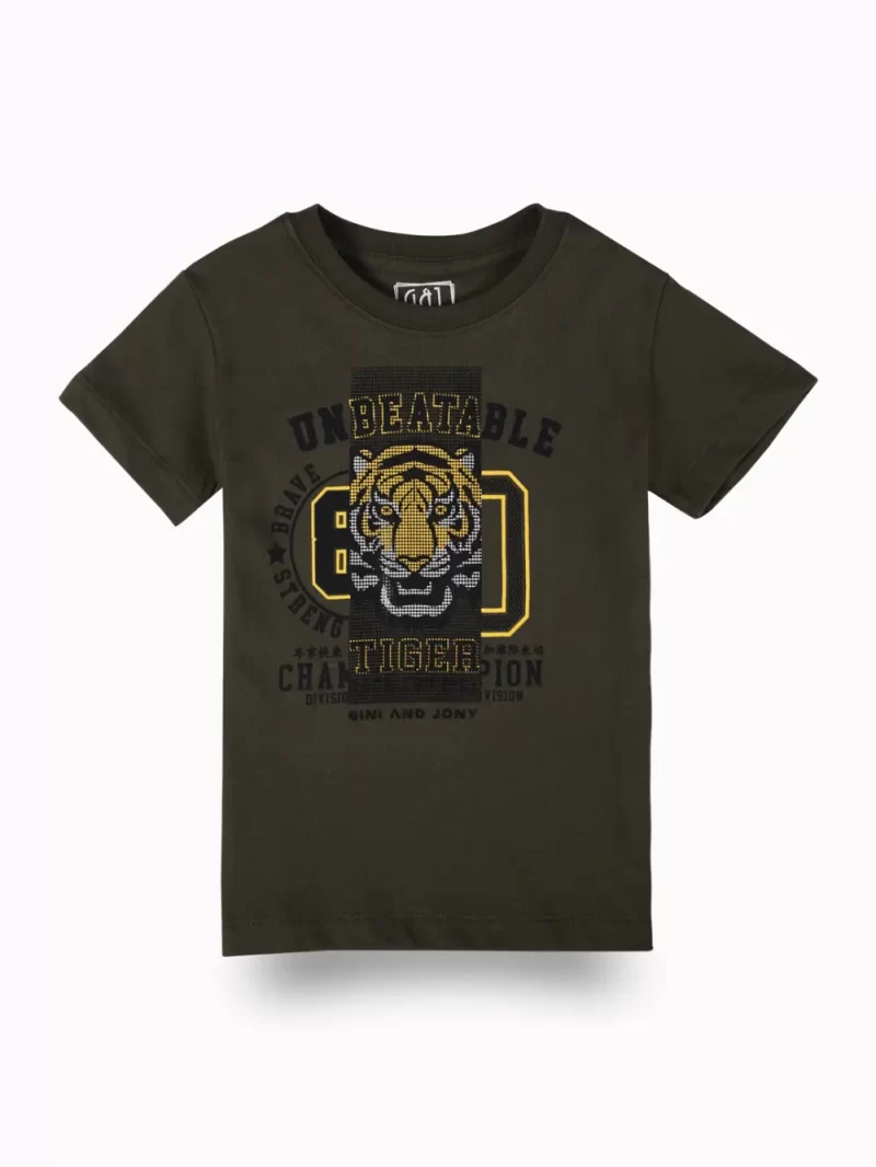 Gini And Jony Boys Olive Graphic Print Cotton T-Shirt Half Sleeves
