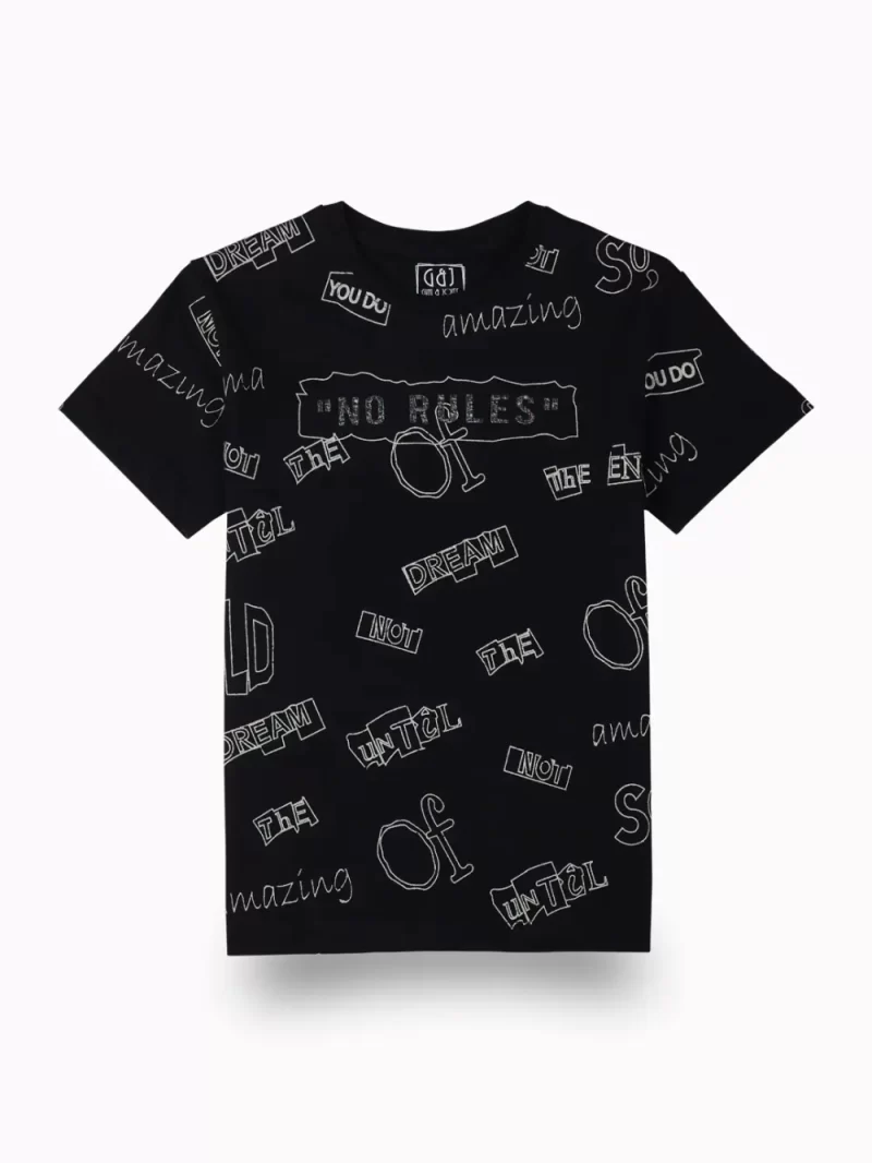 Gini And Jony Boys Black Typographic Print Cotton T-Shirt Half Sleeves