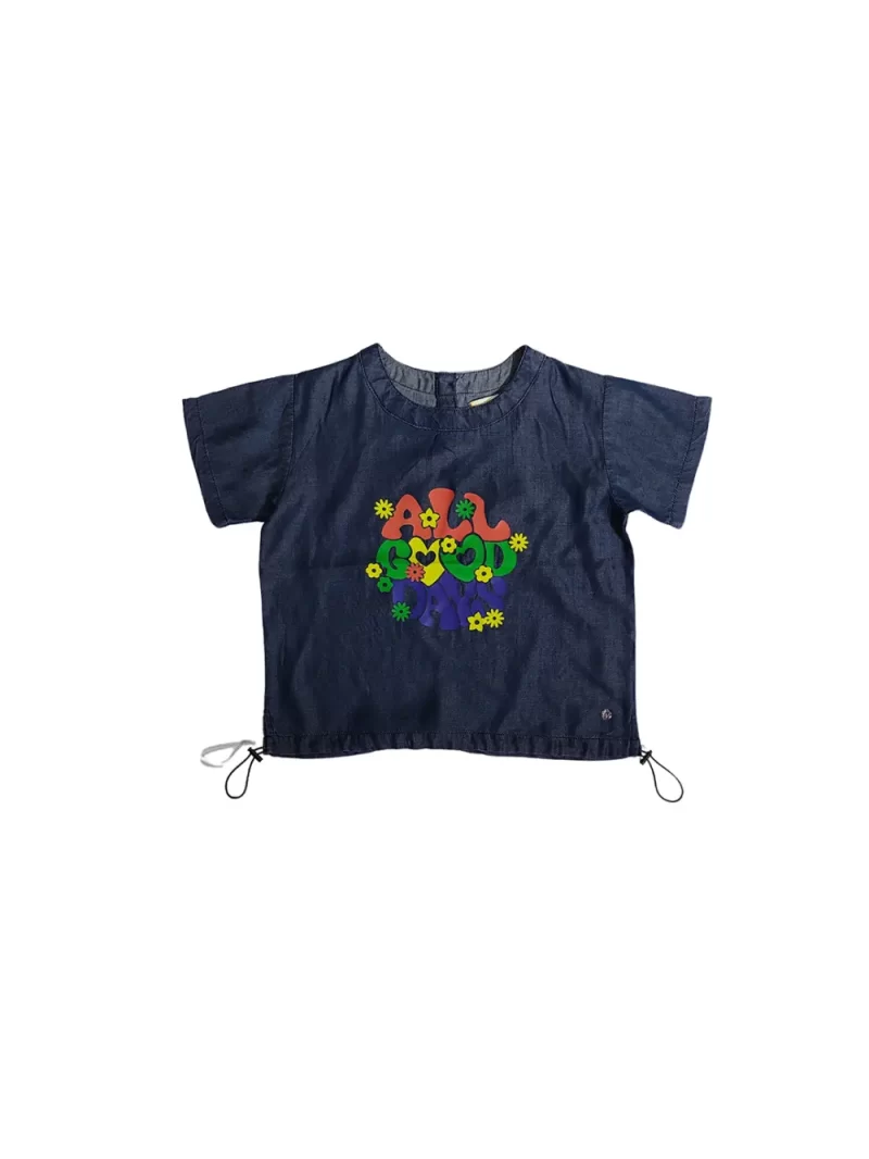 Gini And Jony Girls Blue Typographic Print Denim Woven Top Half Sleeves 9-10 Years