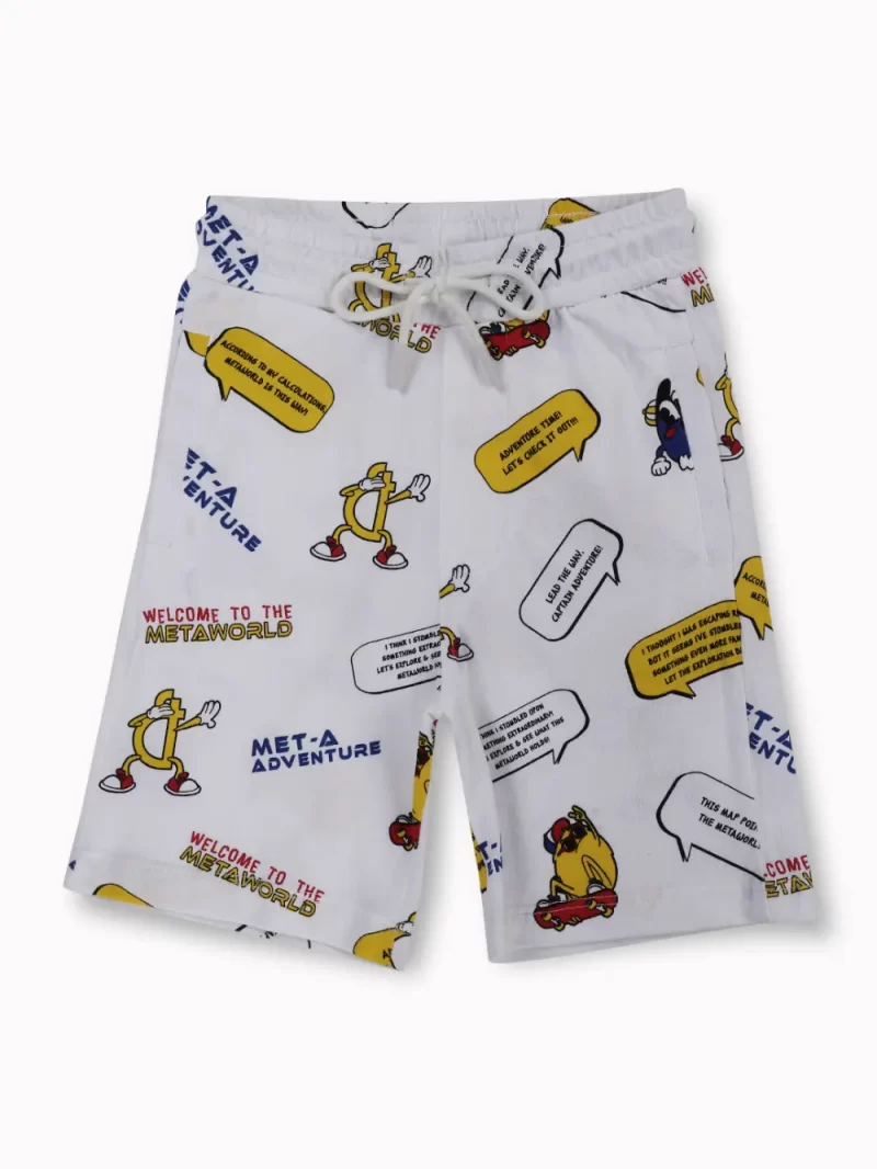 Gini And Jony Boys White Conversational Print Cotton Bermuda Elasticated
