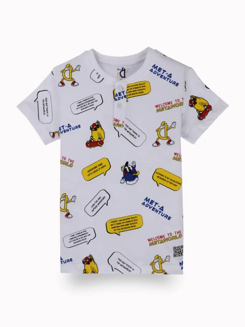 Gini And Jony Boys White Conversational Print Cotton T-Shirt Half Sleeves