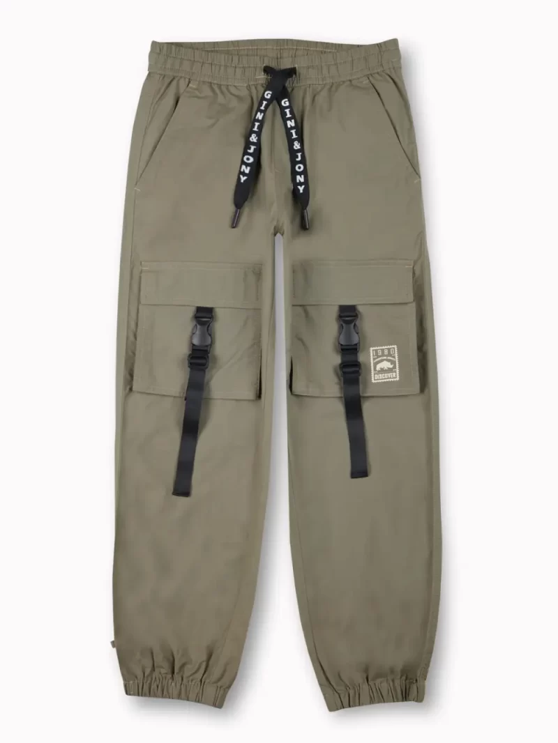 Gini And Jony Boys Olive Typographic Print Cotton Trouser Elasticated