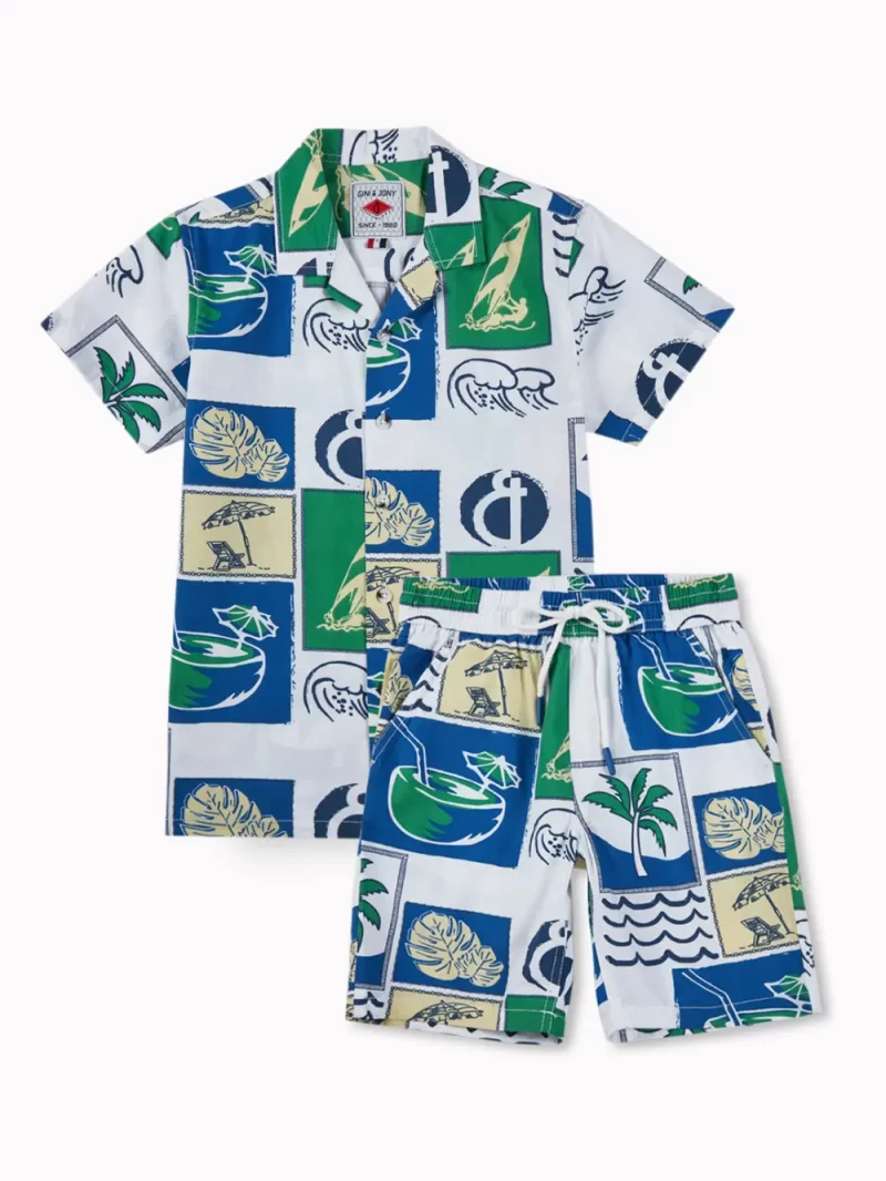 Gini And Jony Boys Off White Tropical Print Cotton Co-Ordinate Half Sleeves