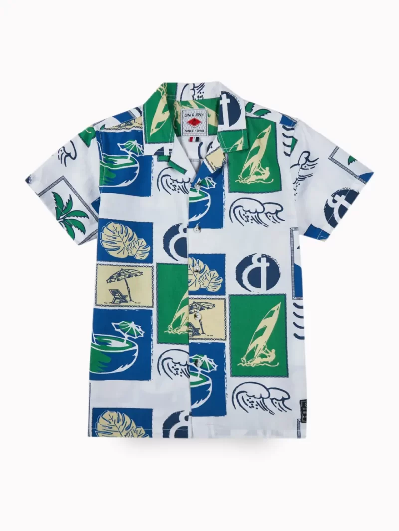 Gini And Jony Boys Off White Tropical Print Cotton Co-Ordinate Half Sleeves