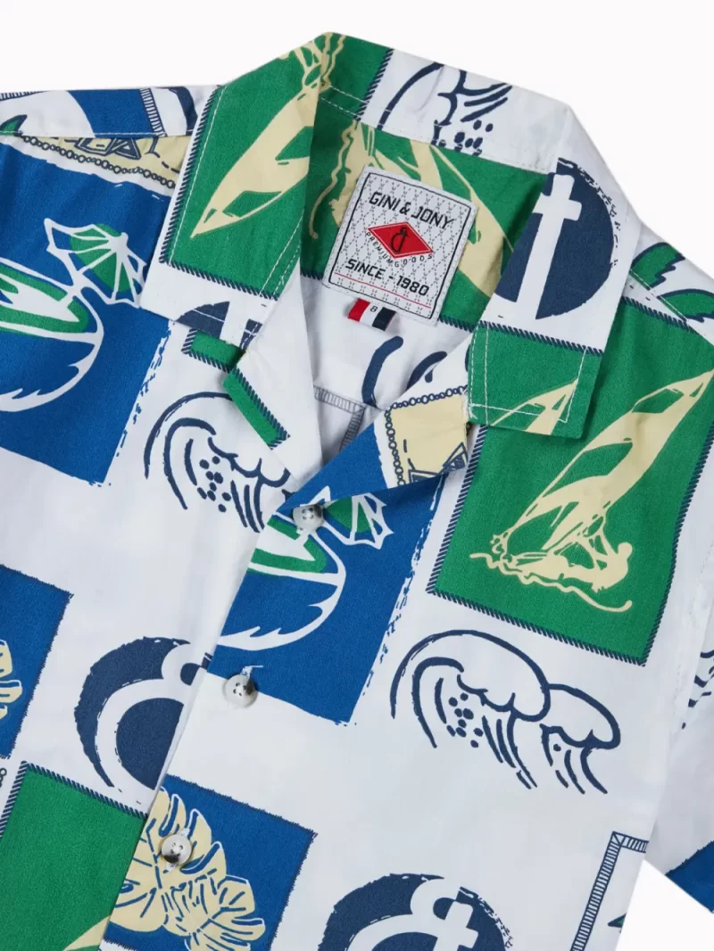 Gini And Jony Boys Off White Tropical Print Cotton Co-Ordinate Half Sleeves