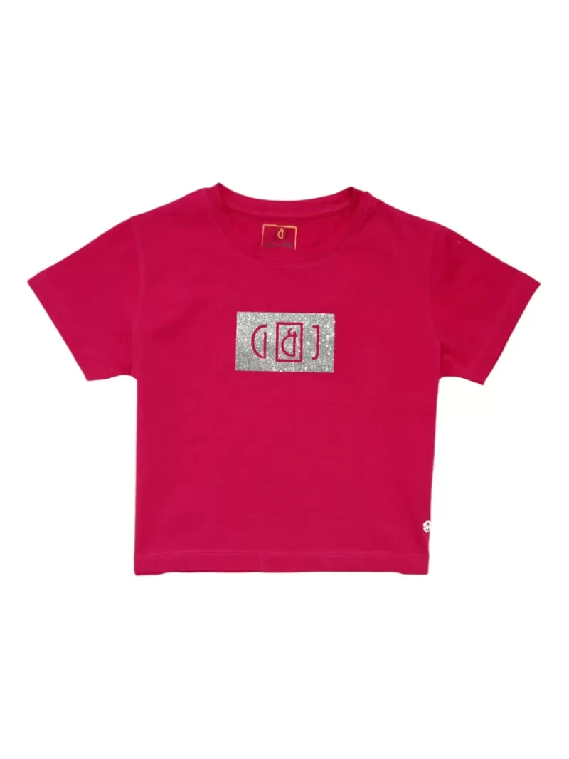 Gini And Jony Girls Dark Pink Glitter Print Cotton Knits Top Half Sleeves 9-10 Years