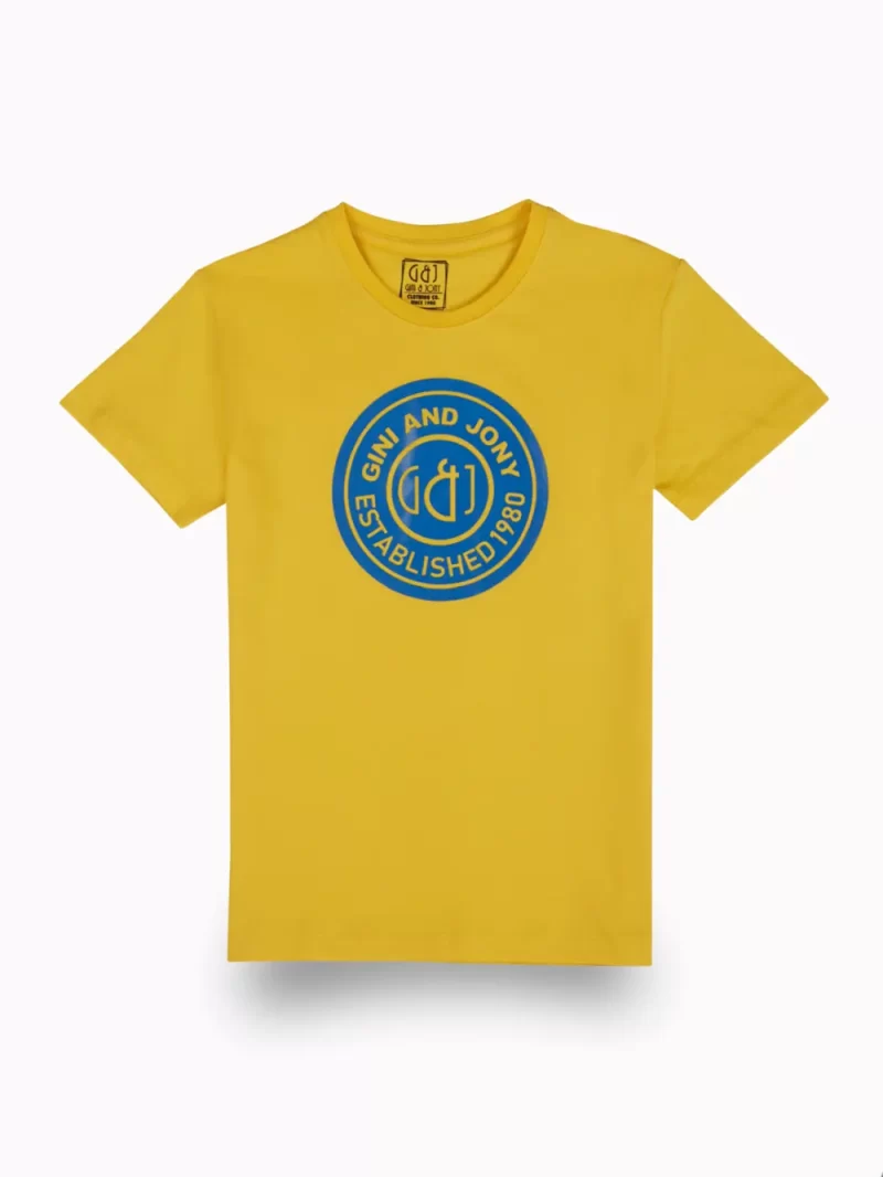 Gini And Jony Boys Yellow Typographic Print Cotton T-Shirt Half Sleeves