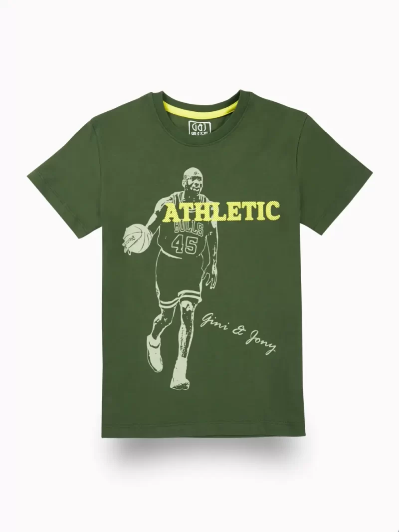 Gini And Jony Boys Green Graphic Print Cotton T-Shirt Half Sleeves