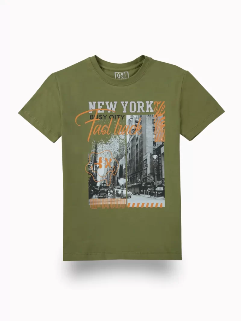 Gini And Jony Boys Olive Graphic Print Cotton T-Shirt Half Sleeves