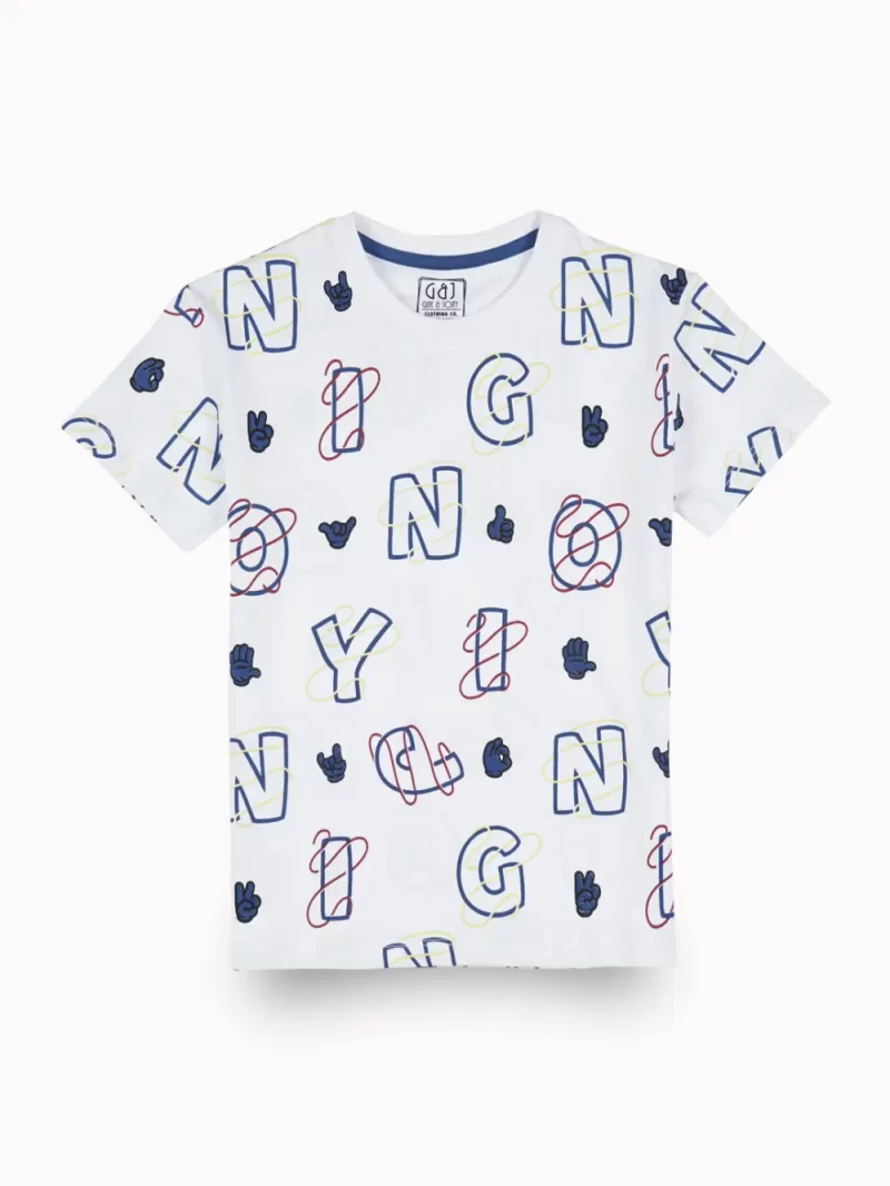 Gini And Jony Boys White Alphabetical Print Cotton T-Shirt Half Sleeves