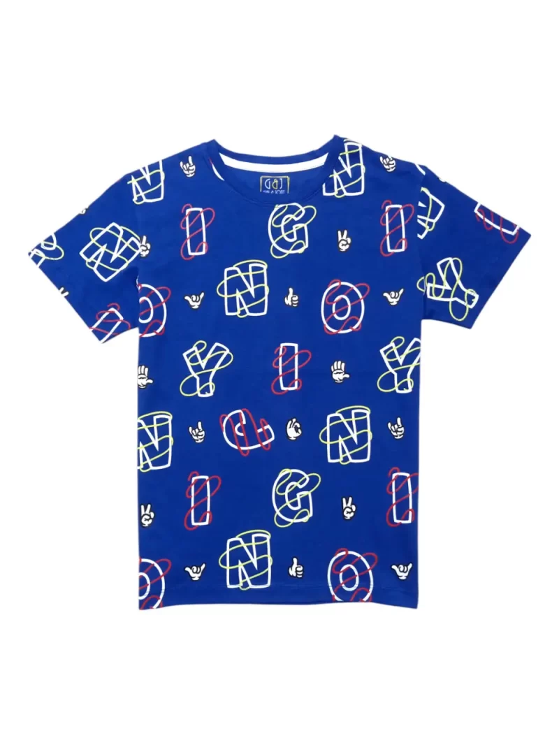 Gini And Jony Boys Blue Alphabetic Print Cotton T-Shirt Half Sleeves