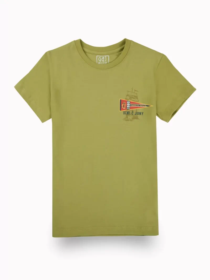 Gini And Jony Boys Olive Graphic Print Cotton T-Shirt Half Sleeves