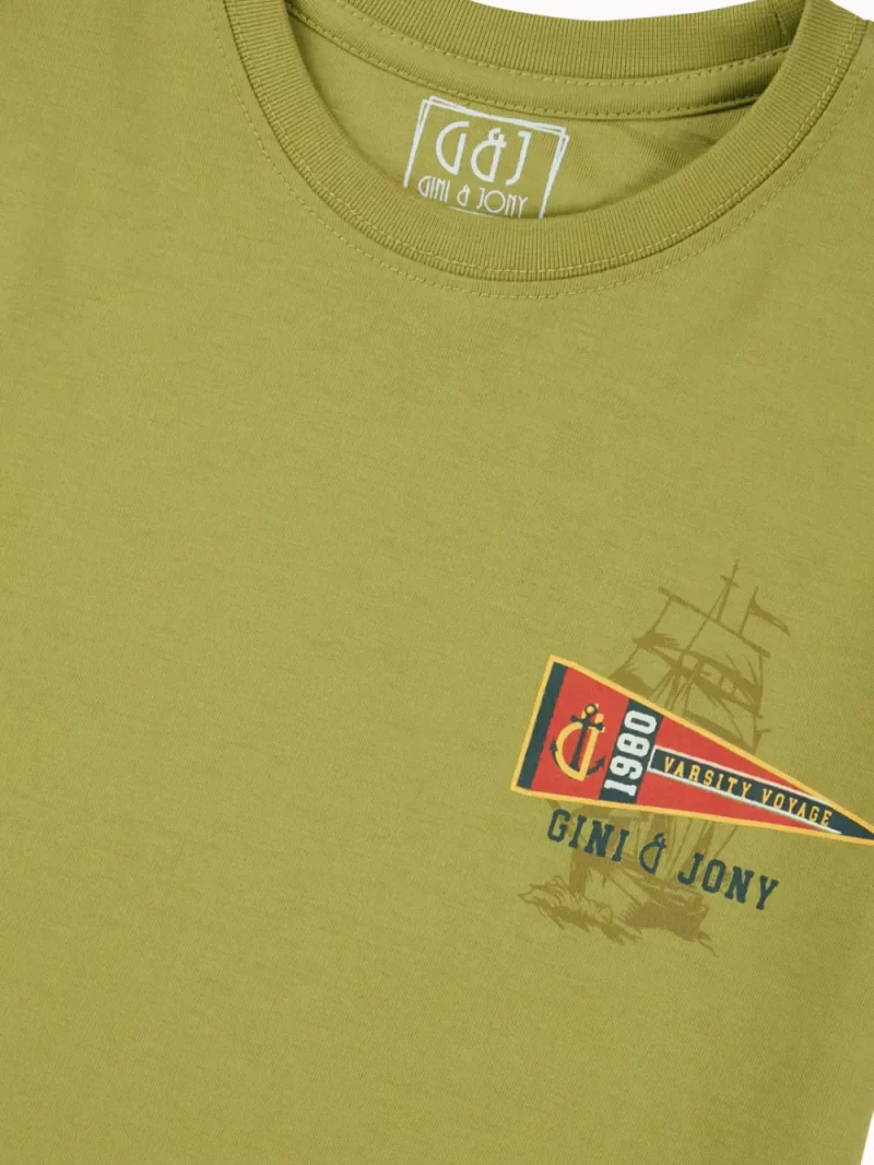 Gini And Jony Boys Olive Graphic Print Cotton T-Shirt Half Sleeves