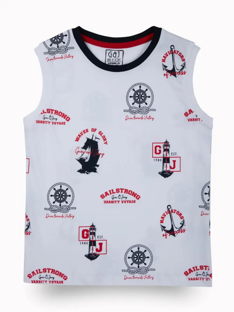 Gini And Jony Boys White Conversational Print Cotton Sando Sleeveless