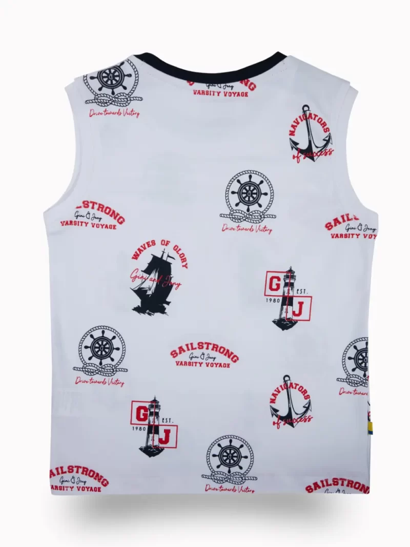 Gini And Jony Boys White Conversational Print Cotton Sando Sleeveless